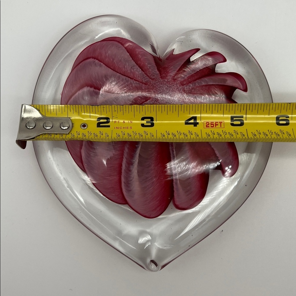 Signed Heart-Shaped Murano-Style Art Glass Paperweight Red and Pink Flower 6” - Picture 6 of 7